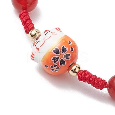Fortune Cat Handmade Porcelain & Natural Carnelian & Acrylic Braided Bead Bracelets BJEW-JB10504-1