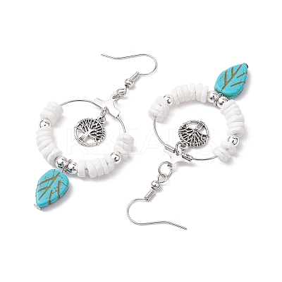 Natural Sea Shell Beads and Synthetical Dyed Turquoise Leaf Pendants Earrings EJEW-JE05921-1