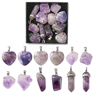 12Pcs 4 Styles Natural Amethyst Pendants G-FS0005-62-1