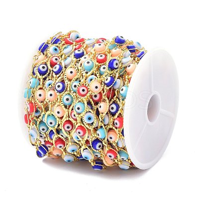 304 Stainless Steel & Evil Eye Glass Beads Link Chain CHS-D034-01G-1