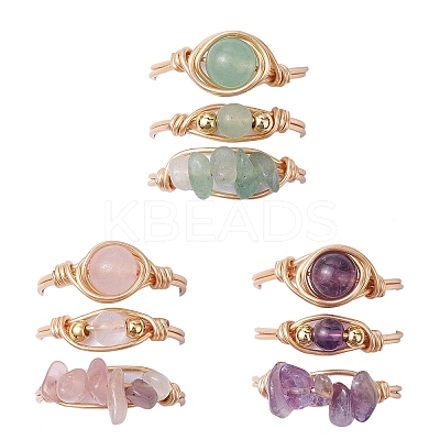 3Pcs 3 Styles Natural Rose Quartz & Amethyst & Green Aventurine Finger Rings RJEW-JR00745-1