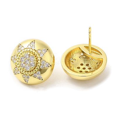 Rack Plating Brass Half Round with Sun Stud Earrings with Crystal Rhinestone for Women EJEW-D059-14G-1