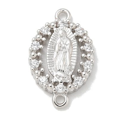 Rack Plating Brass Clear Cubic Zirconia Religion Oval Virgin Mary Connector Charms X-KK-L224-097P-1