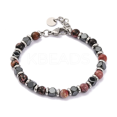 Natural Rhodochrosite & Synthetic Hematite Round Beaded Bracelet BJEW-P339-02P-09-1