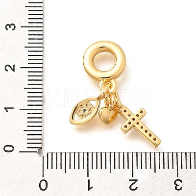 Brass Clear Cubic Zirconia Cross & Eye & Heart European Dangle Charms KK-U048-21G-1