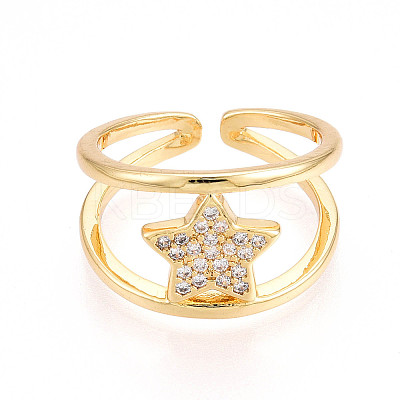 Brass Micro Pave Clear Cubic Zirconia Cuff Rings for Women KK-T074-21G-1