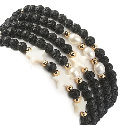 5Pcs 5 Style Natural Lava Rock & Pearl & Shell Star Beaded Stretch Bracelets Set BJEW-JB09495-03-1