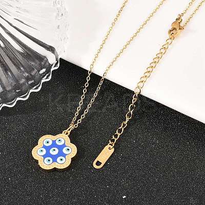 304 Stainless Steel Enamel Blue Evil Eye Flower Pendant Necklaces for Women NJEW-A064-02G-1