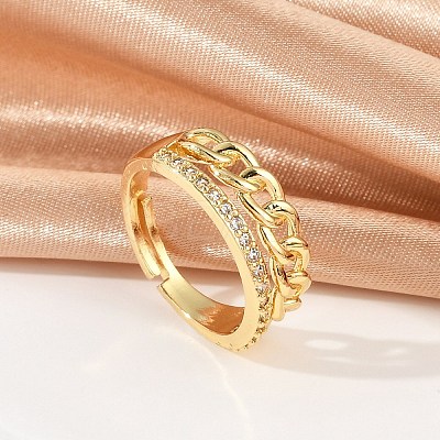 Curb Chain Style Brass Micro Pave Clear Cubic Zirconia Open Cuff Rings for Women RJEW-G343-07G-1