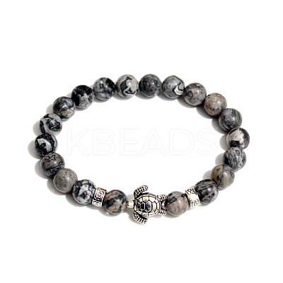 Natural Agate Round Beaded Stretch Bracelet with Turtle UL4697-2-1