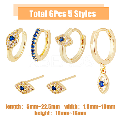 6Pcs 5 Style Horse Eye Brass Dangle Hoop Earrings Set EJEW-FI0001-77-1