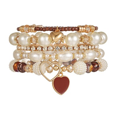5Pcs 5 Styles Crystal Rhinestone & Plastic Pearl & Glass Beads Stretch Bracelets FS-WG170EC-01-1