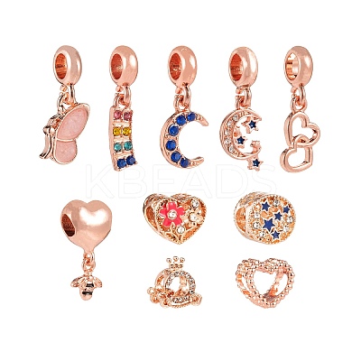 10Pcs 10 Styles Alloy Rhinestone European Dangle Large Hole Beads and Pendants MPDL-FS0001-01RG-1
