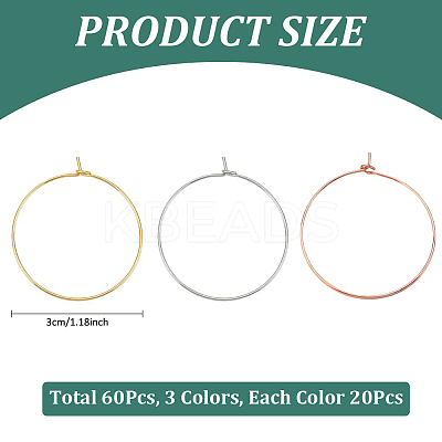 60Pcs 3 Colors Long-Lasting Plated Brass Hoop Earrings Findings KK-CN0003-12-1
