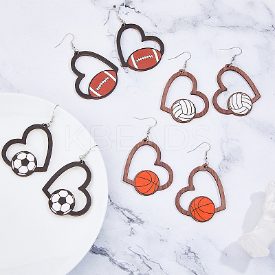 4 Pairs 4 Styles Sport Theme Wood Heart Dangle Earrings for Women EJEW-FI0001-55-1