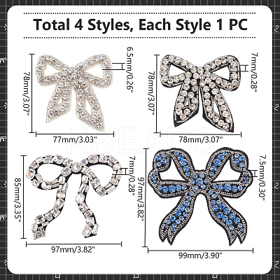 4Pcs 4 Styles Bowknot Glass Rhinestone Beading Flower Applqiues PATC-GO0001-11-1