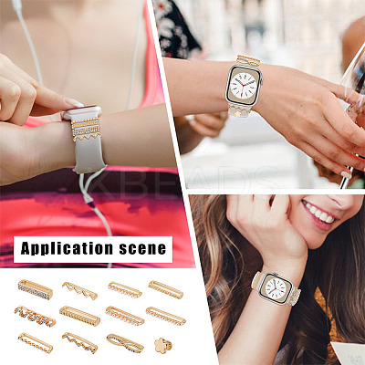 12Pcs 12 Style Flower & Wave & Rectangle Crystal Rhinestone Watch Band Charms Set with Imitation Pearl FIND-PH0007-68-1