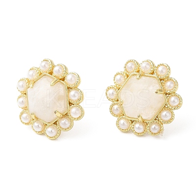 Ion Plating(IP) Natural Moonstone Hexagon Stud Earrings with Plastic Pearl Beaded EJEW-E287-01G-02-1