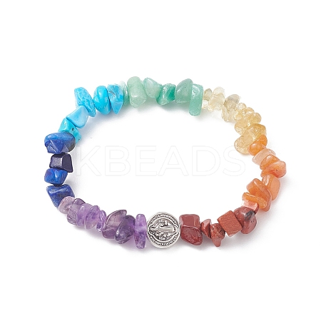Natural Mixed Gemstone Chips & Alloy Saint Benedict Beaded Stretch Bracelets BJEW-JB09400-1