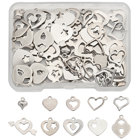60Pcs 10 Styles 201 Stainless Steel Open Heart Charms STAS-FS0001-92-1