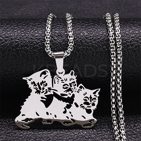 201 Stainless Steel Hollow Cute Cat Pendant Necklaces for Women LS-NJEW-K283-38P-1