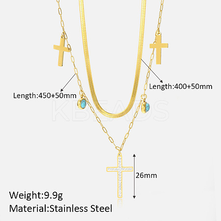 304 Stainless Steel & Clear Cubic Zirconia & Synthetic Turquoise Double Layer Necklaces FS-WG7985A-09-1