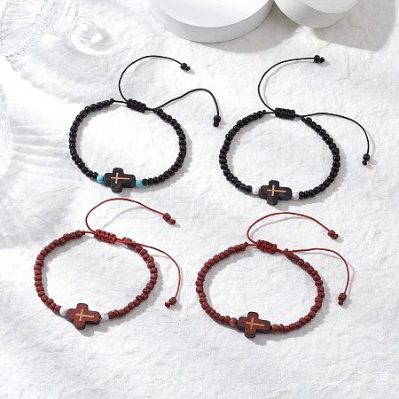 4Pcs Cross Glass Seed Beads with Natural Wood Beads & Red Jasper Beads & Magnesite Beads & Howlite Round Beads Braided Bead Bracelets for Women BJEW-JB11898-1