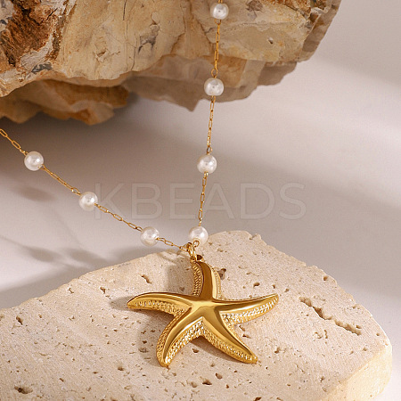 Summer Beach 304 Stainless Steel & Round Shell Pearl Starfish Pendant Necklaces for Women FS-WG08923-01-1