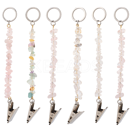 6Pcs Natural Rose Quartz & Quartz Crystal Keychain KEYC-GF00005-1