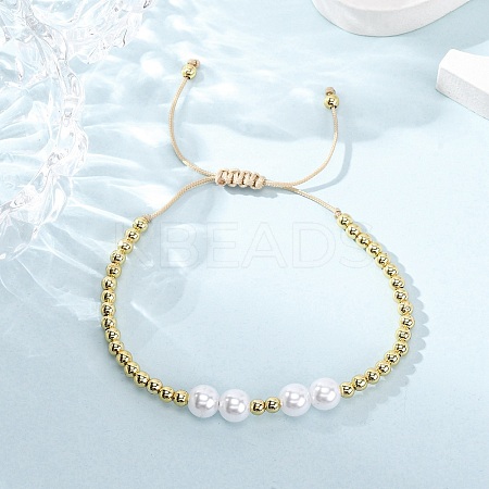 Brass & ABS Plastic Pearl Round Beads Braided Bead Bracelets for Women BJEW-H209-06G-1