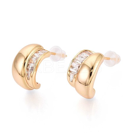 Brass Micro Pave Clear Cubic Zirconia C-Shaped Stud Earrings KK-T071-19G-03-1