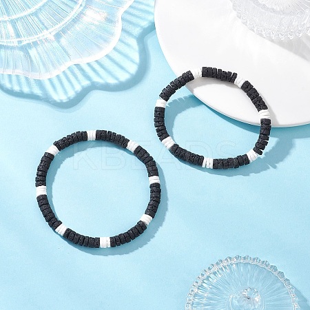 2Pcs 2 Styles Natural Lava Rock & White Shell Flat Round Beads Stretch Bracelets for Men Women BJEW-JB12462-1
