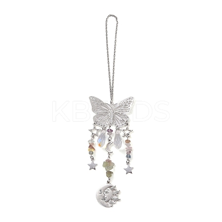 Natural Fluorite Butterfly Hanging Suncatcher Pendant Decoration DJEW-PW0008-19-34-1