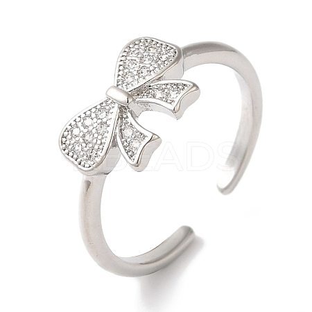 Bowknot Brass Micro Pave Clear Cubic Zirconia Open Cuff Rings for Women RJEW-C098-09P-1