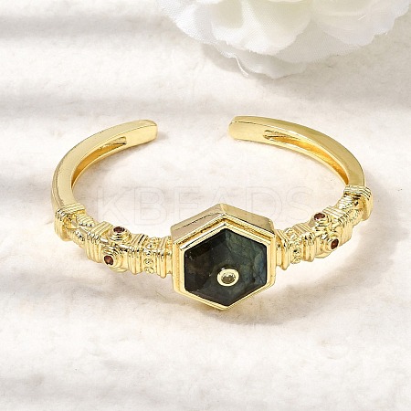 Hexagon Brass Pave Natural Labradorite & Cubic Zirconia Cuff Bangles for Women BJEW-Z172-01G-07-1