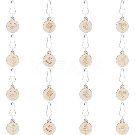 8Pcs 8 Style Flat Round with Flower Wood Charms Locking Stitch Marker HJEW-WH0042-32-1