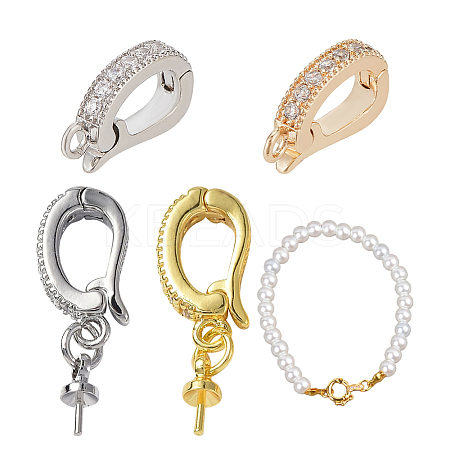 4Pcs 4 Styles Brass Micro Pave Clear Cubic Zirconia Fold Over Clasps KK-DR0001-12-1