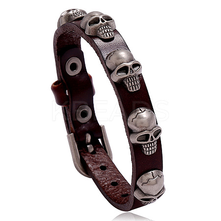 Alloy Skull Rivet Studded Cowhide Cord Bracelet SKUL-PW0004-33C-1
