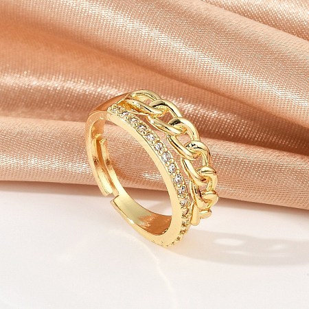 Curb Chain Style Brass Micro Pave Clear Cubic Zirconia Open Cuff Rings for Women RJEW-G343-07G-1