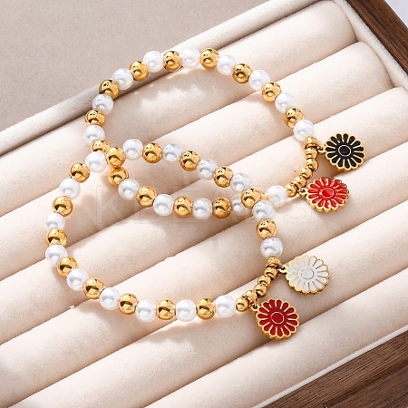 201 Stainless Steel Round Beaded Stretch Bracelets BJEW-C090-03G-A-1