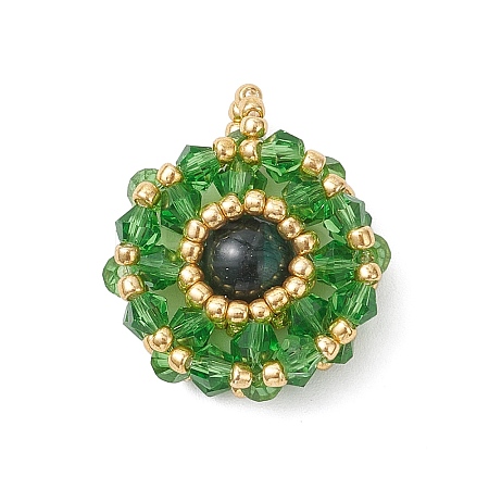 Dyed Natural Green Tiger Eye & Glass Seed Beaded Flat Round Pendants PALLOY-MZ00950-05-1
