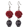 Halloween Synthetic Coral Red Flower & Synthetic Turquoise Black Skull Dangle Earrings EJEW-JE06069-S-2
