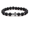 8MM Round Natural Lava Rock Beaded Stretch Bracelets with Synthetic Non-magnetic Hematite Cross FA1012-15-1