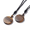Natural Tiger Eye Flat Round with Flower of Life Pendant Necklace with Nylon Cord for Women NJEW-P274-02-01-1