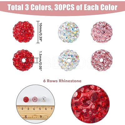 90Pcs 3 Colors Valentine's Day Theme Polymer Clay Rhinestone Round Beads RB-HY0001-02-1