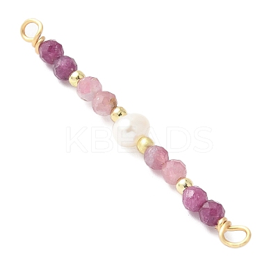 Faceted Round Natural Ruby & Pink Tourmaline & Potato Natural Cultured Freshwater Pearl Beaded Connector Charms PALLOY-JF03531-09-1