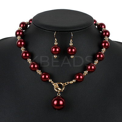 ABS Plastic Imitation Pearl Round Beaded Pendant Necklaces & Dangle Earrings Sets for Women WGD1C77-03-1