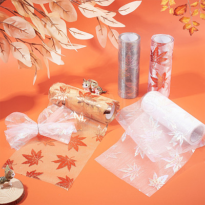Autumn Theme Maple Leaf Pattern Organza Ribbon OCOR-WH0057-11A-1