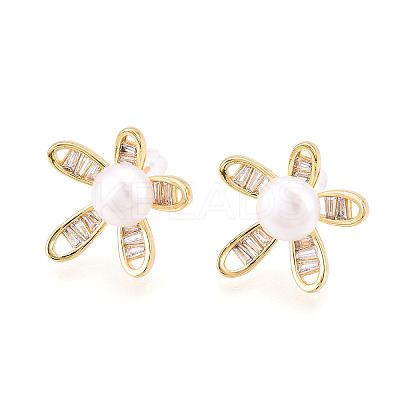 Flower Brass Natural Pearl Stud Earrings PEAR-N020-05X-1