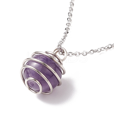 Natural Gemstone Cage Pendant Necklace with 304 Stainless Steel Cable Chains for Women NJEW-JN03905-01-1